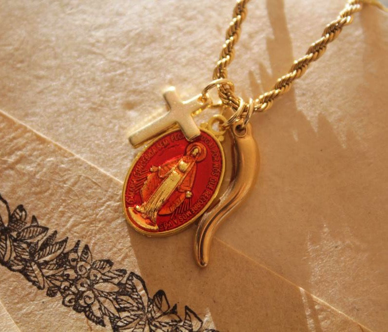 Cross, Virgin Mary and Cornicello necklace