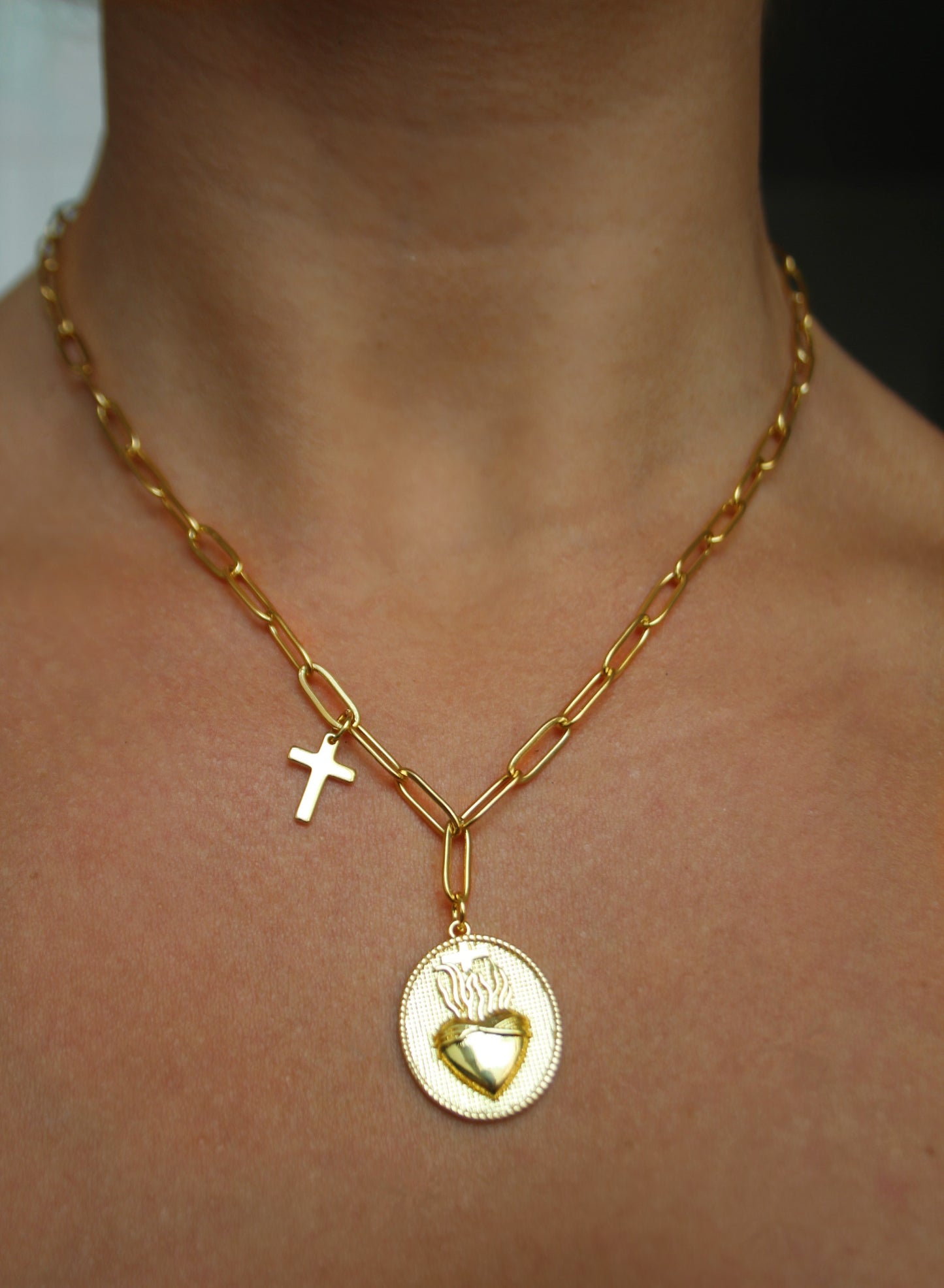 Sacred Heart and Cross Medallion Necklace