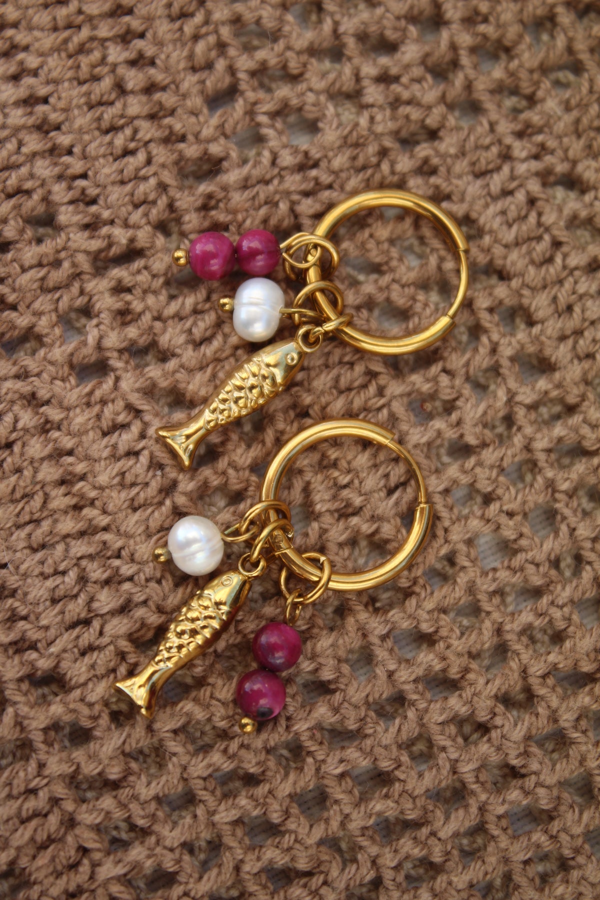 Gold Fish Earrings with Pearls & Natural Pink Stones