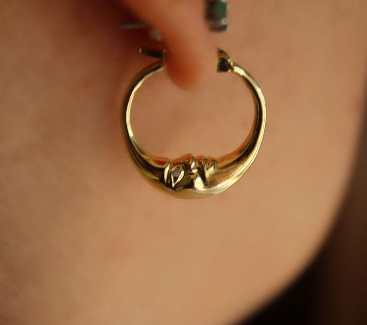 Moon Hoop Earrings | Crescent Charm with Zircon Eye