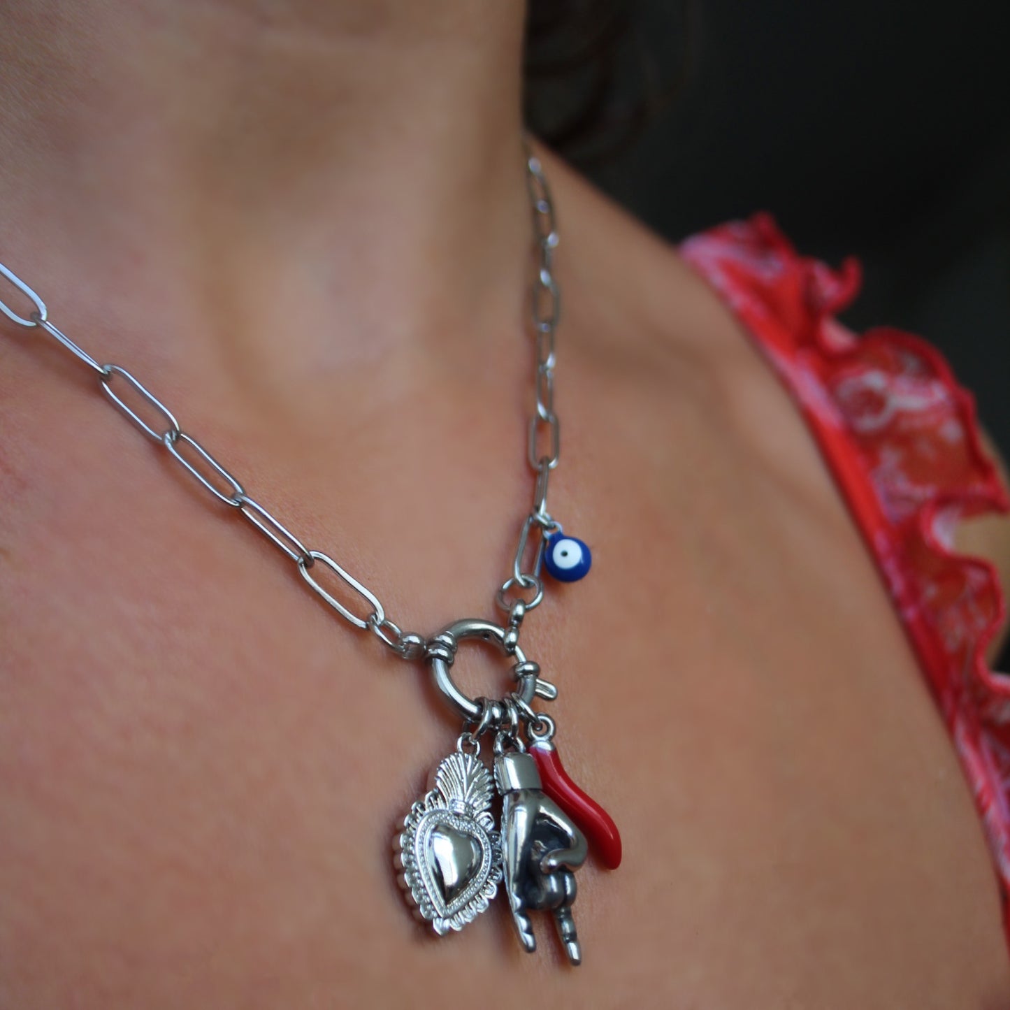 Mano Cornuto, Sacred Heart, and Evil Eye Necklace: Extra Luck!