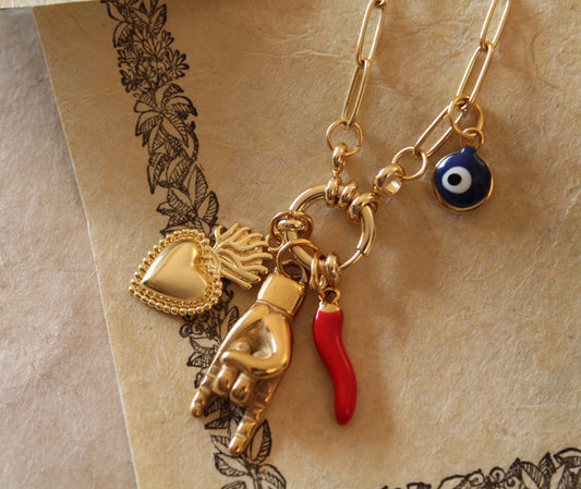 Italian Horn Necklace with Mano Cornuto, Sacred Heart, and Evil Eye Charm