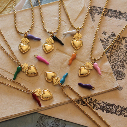 Colorful Horn and Sacred Heart Necklace