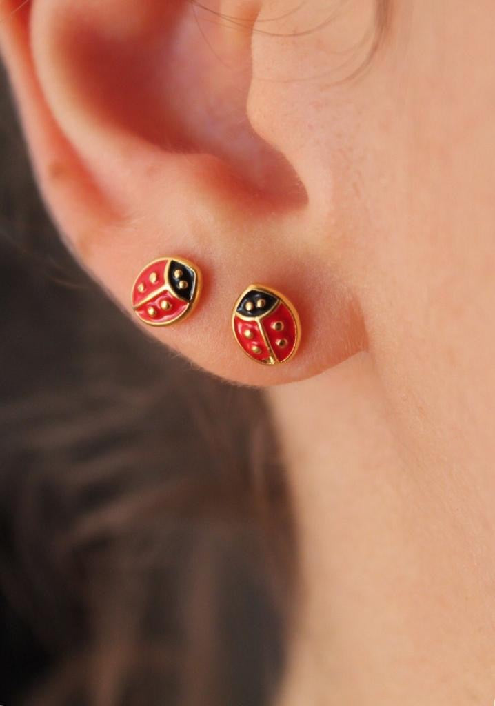 Italian Symbolic Protection Jewelry - Worn Ladybug Earrings 