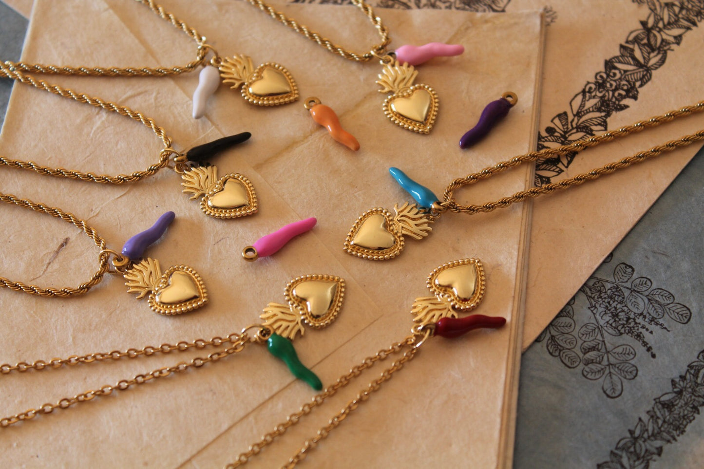 Colorful Horn and Sacred Heart Necklace