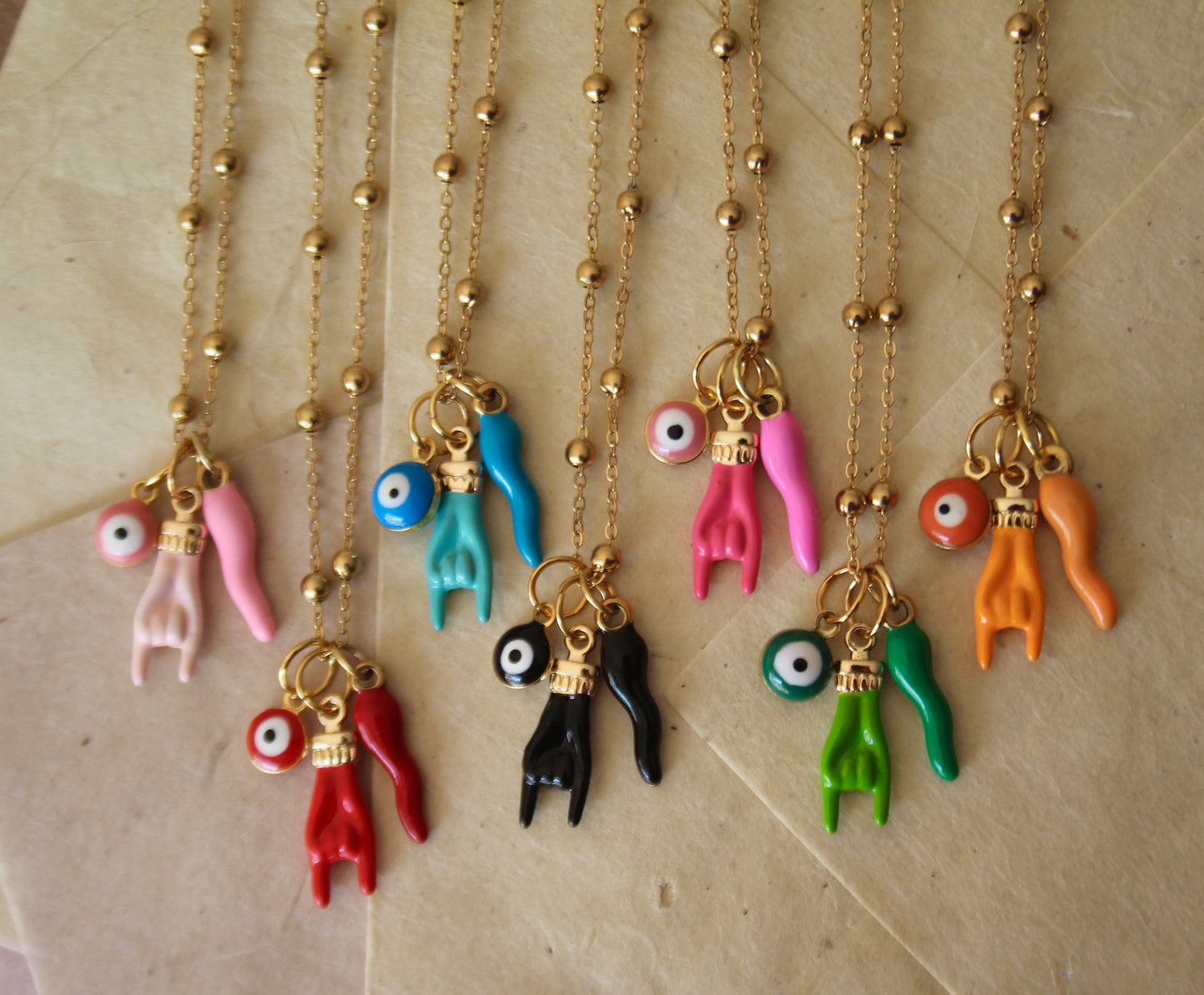 Multicolored Hand, Evil Eye, and Horn Necklace