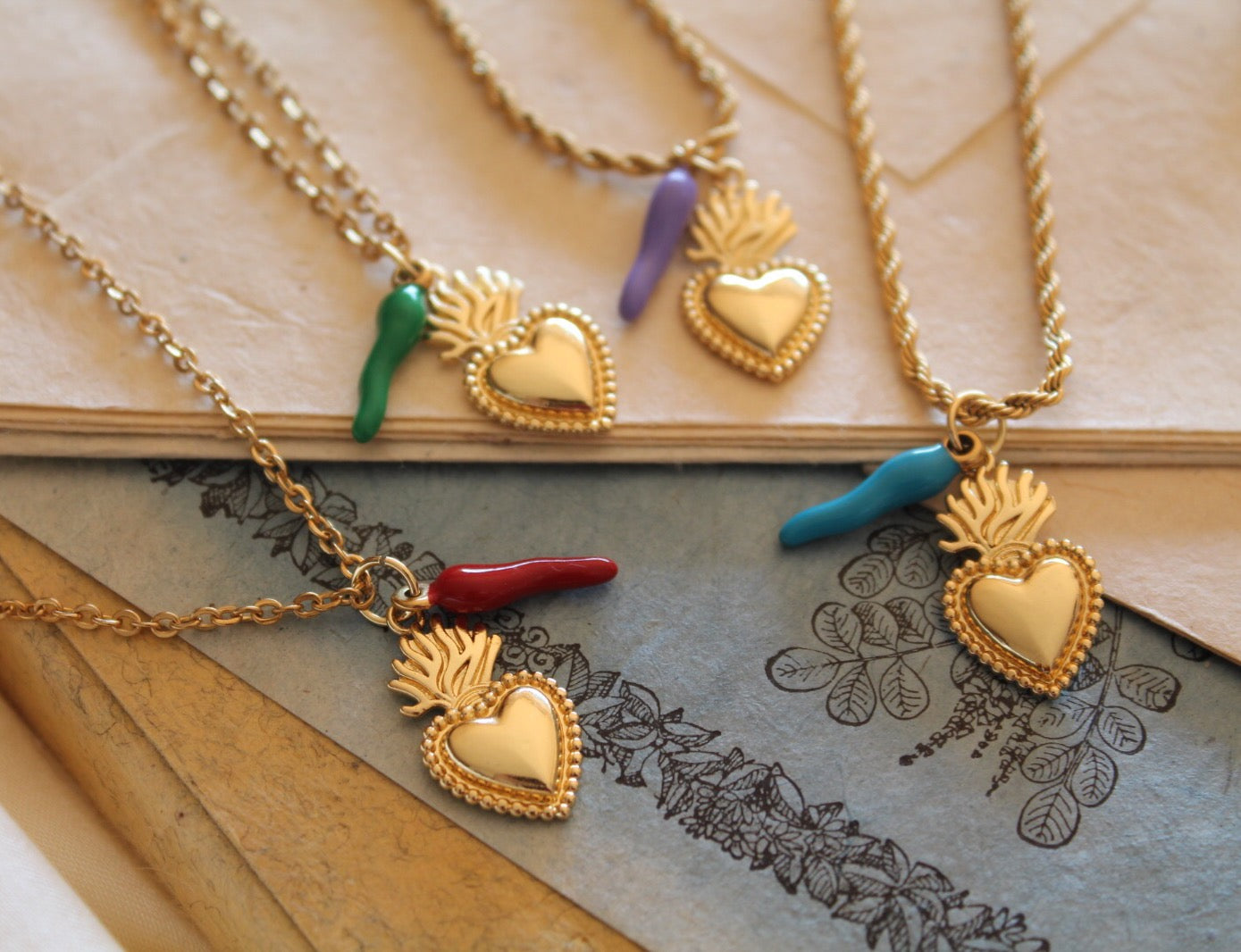 Colorful Horn and Sacred Heart Necklace