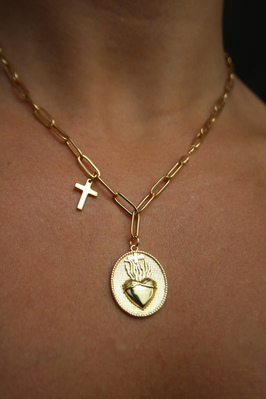 Sacred Heart and Cross Medallion Necklace