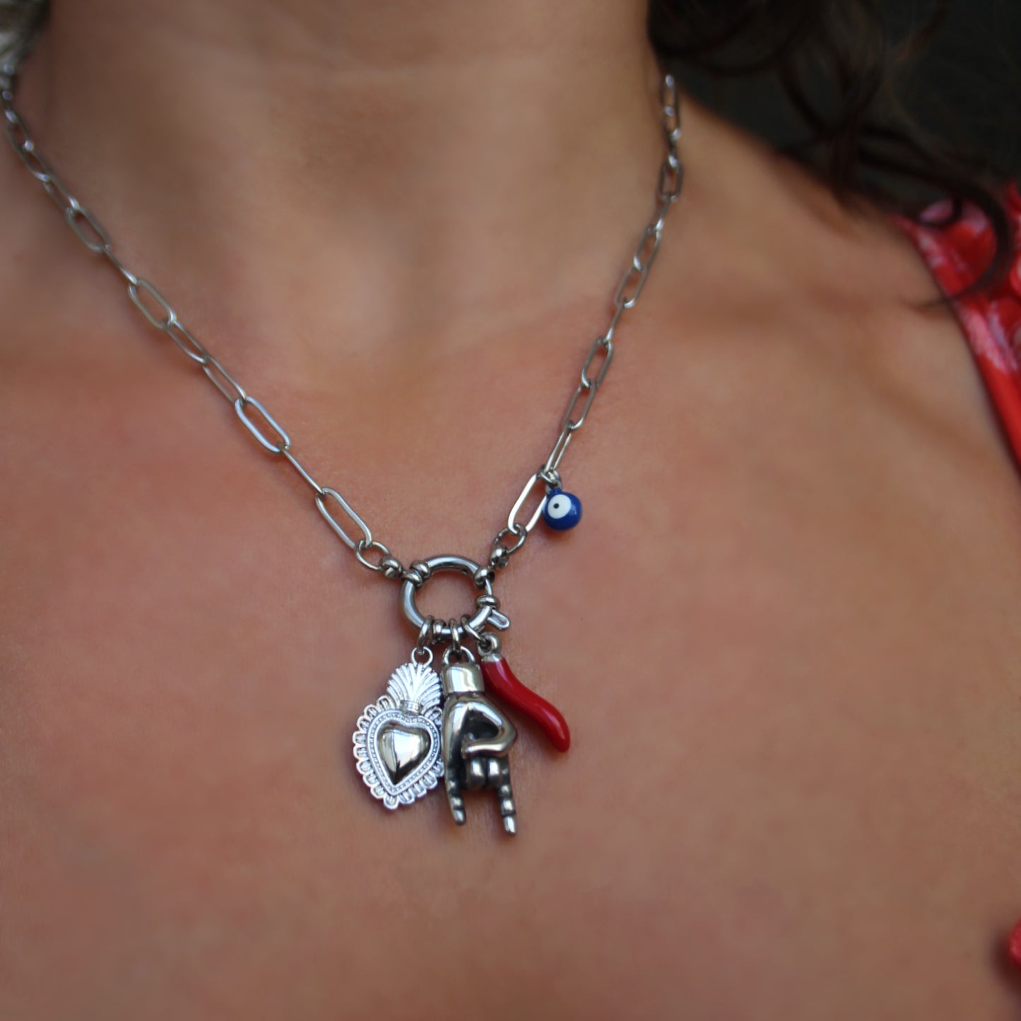 Mano Cornuto, Sacred Heart, and Evil Eye Necklace: Extra Luck!