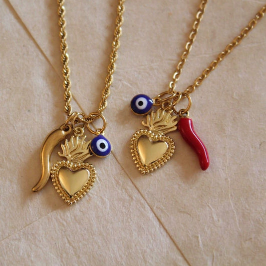 Protective Trio: Evil Eye, Sacred Heart, and Cornicello Necklace