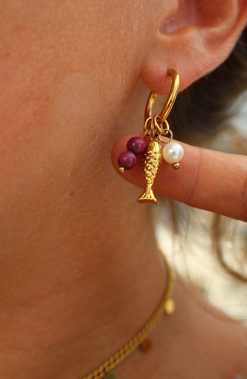 Gold Fish Earrings with Pearls & Natural Pink Stones
