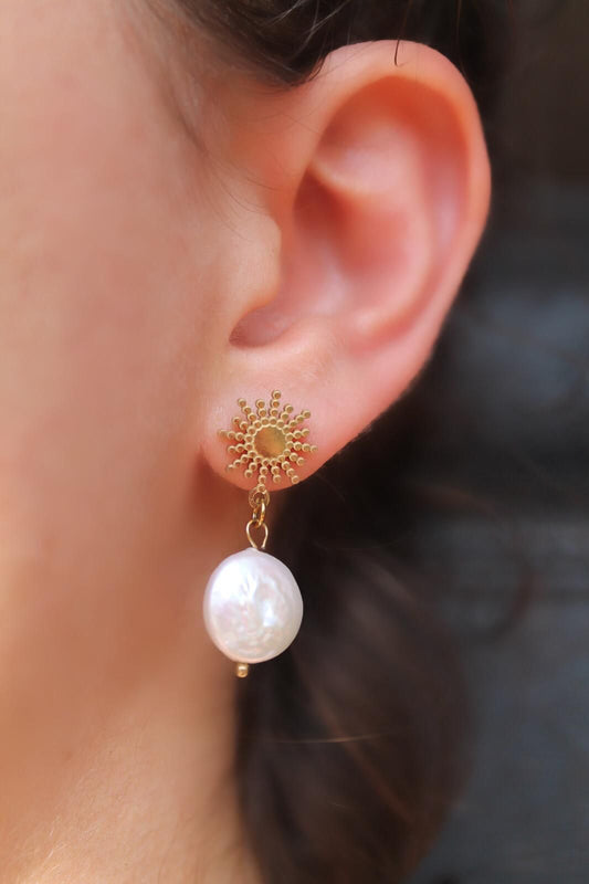 Sunburst Pearl Earrings Front View