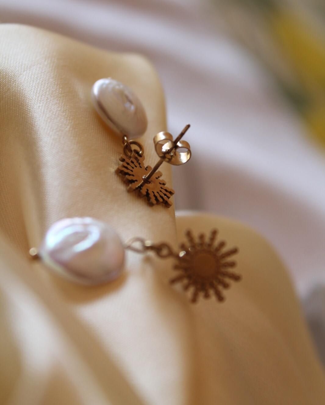 Gold Sun Pearl Earrings - Back View