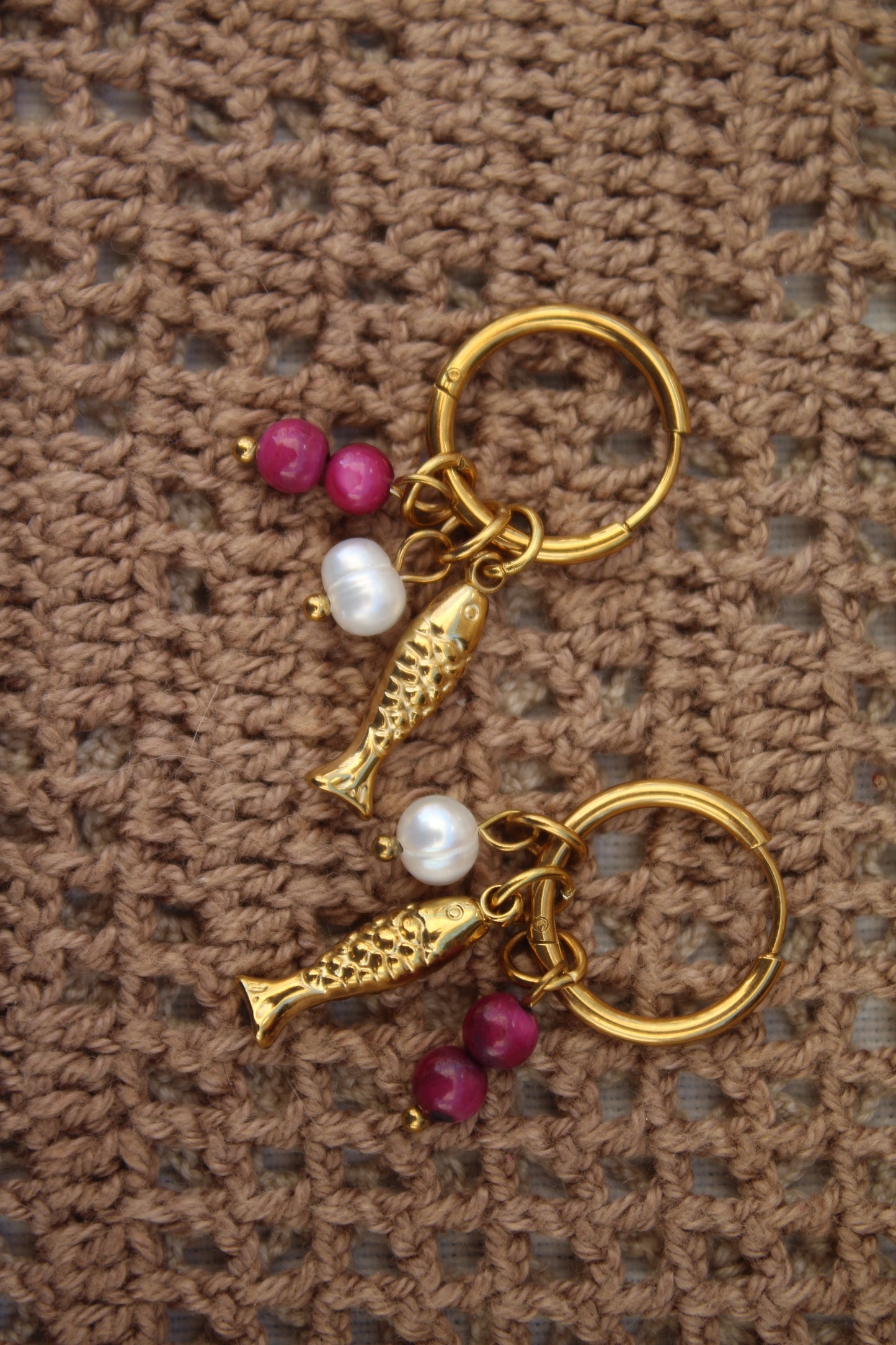 Gold Fish Earrings with Pearls & Natural Pink Stones