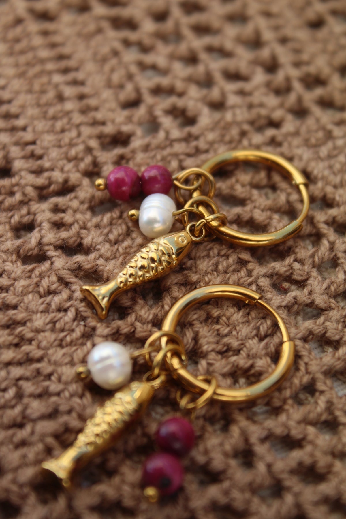 Gold Fish Earrings with Pearls & Natural Pink Stones