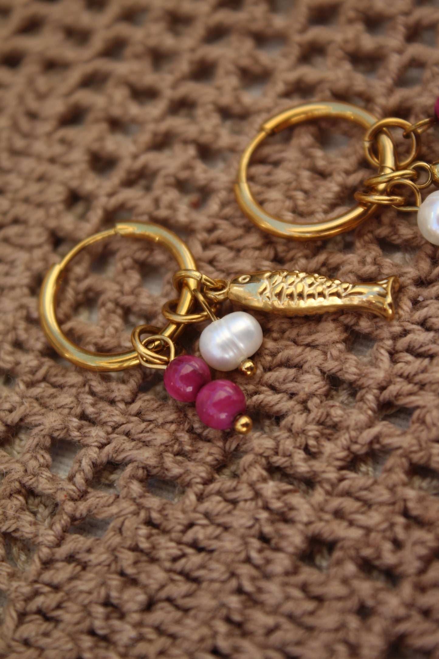 Gold Fish Earrings with Pearls & Natural Pink Stones