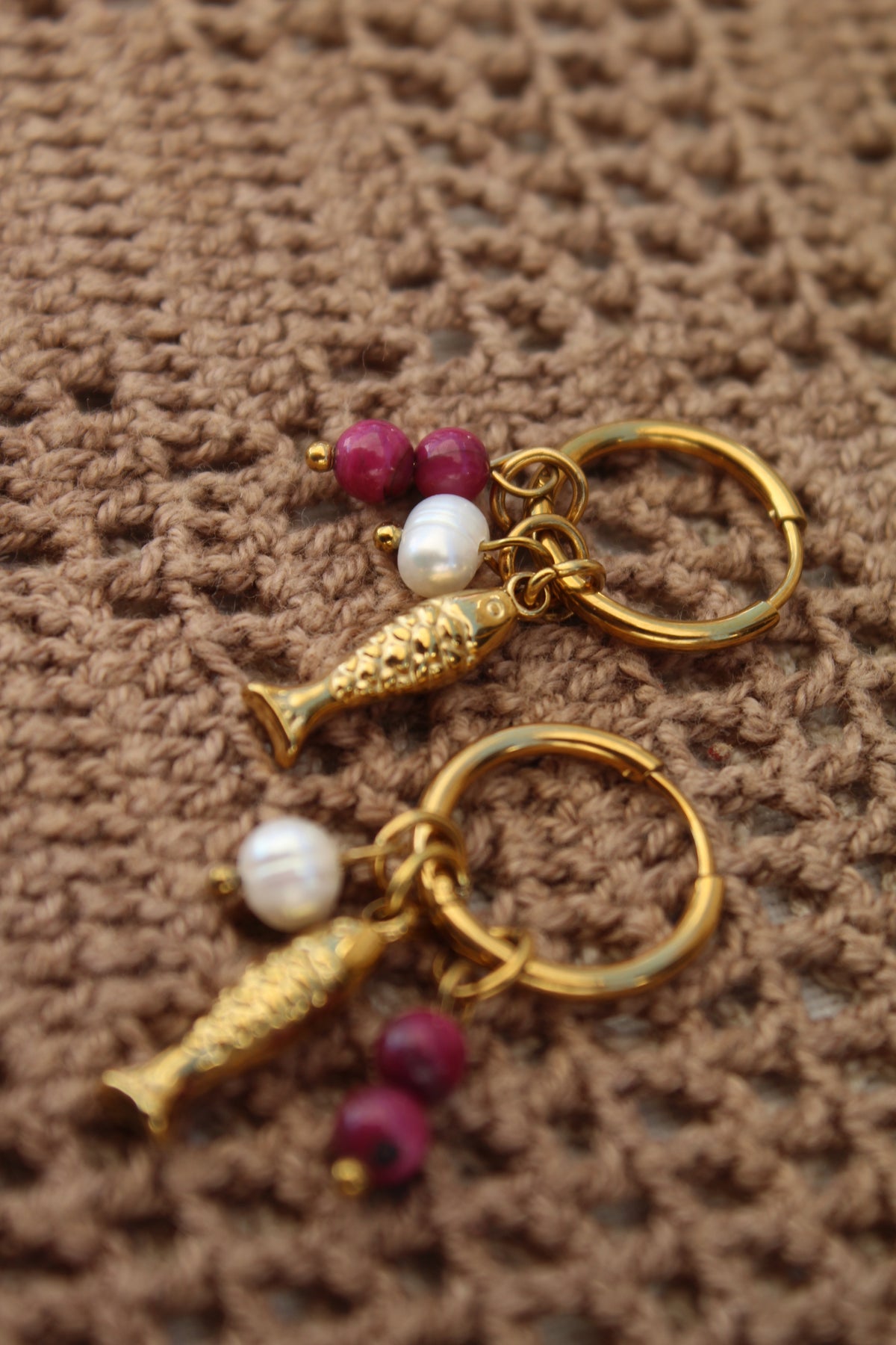 Gold Fish Earrings with Pearls & Natural Pink Stones