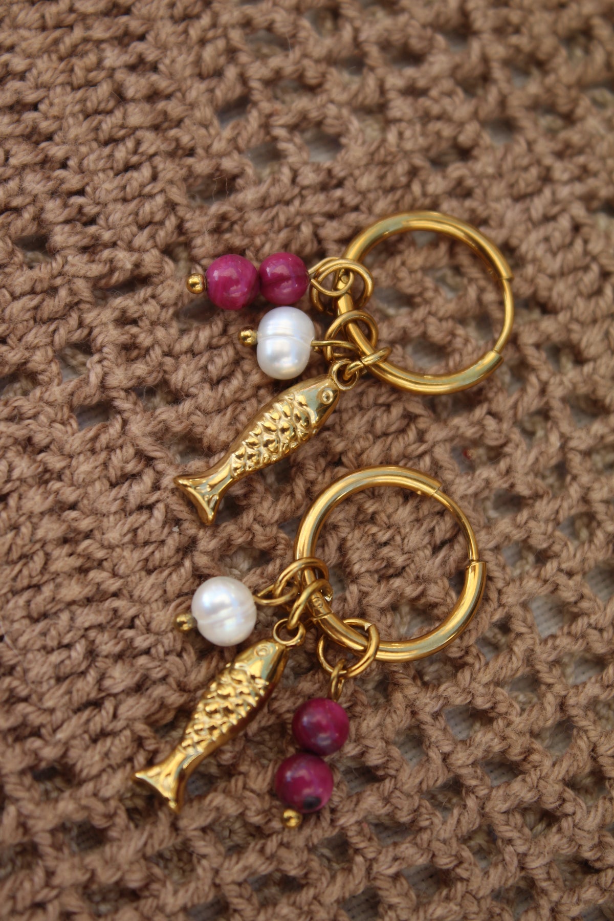 Gold Fish Earrings with Pearls & Natural Pink Stones