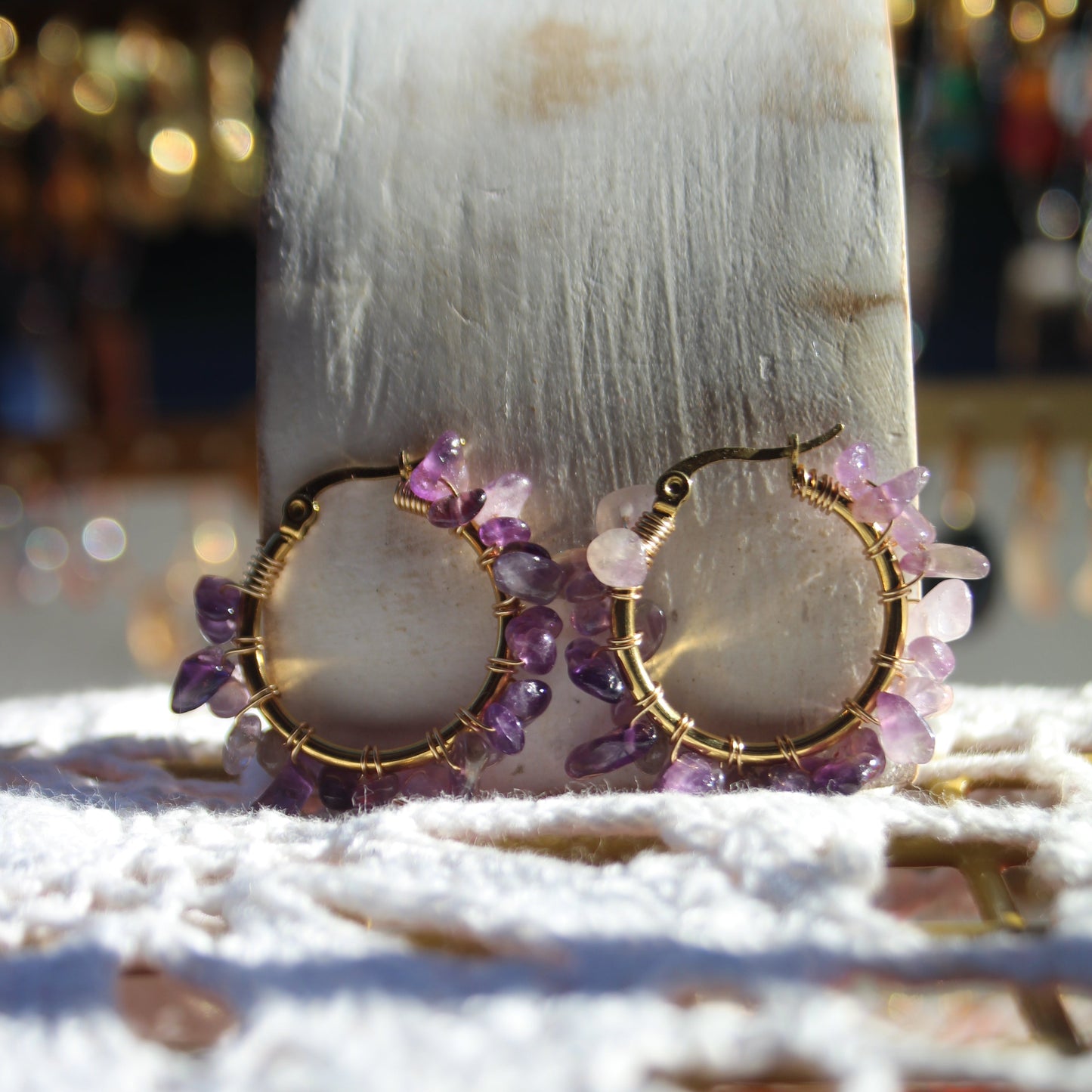 Gemstone Hoop Earrings – Natural Peridot, Amethyst or Rose Quartz