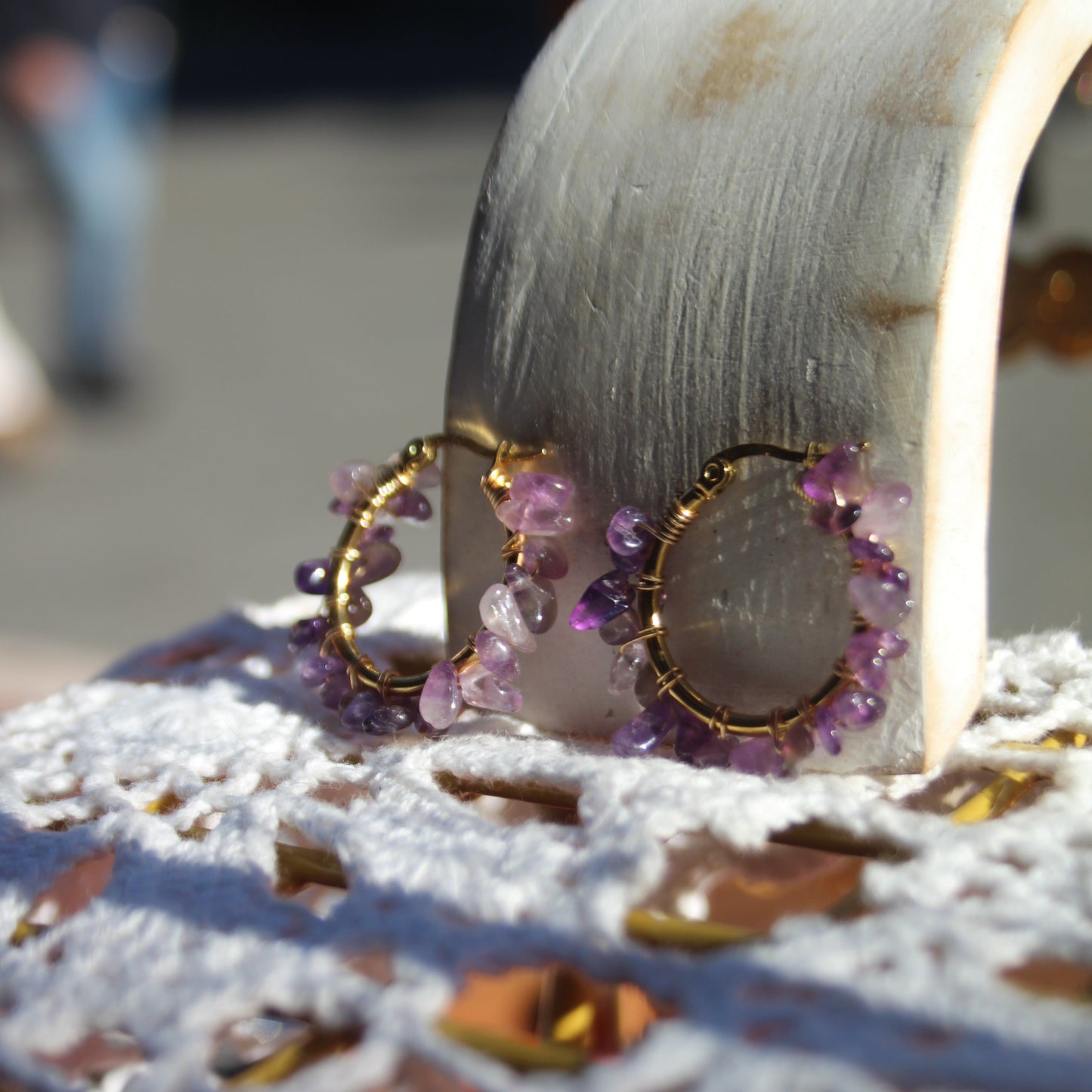 Gemstone Hoop Earrings – Natural Peridot, Amethyst or Rose Quartz