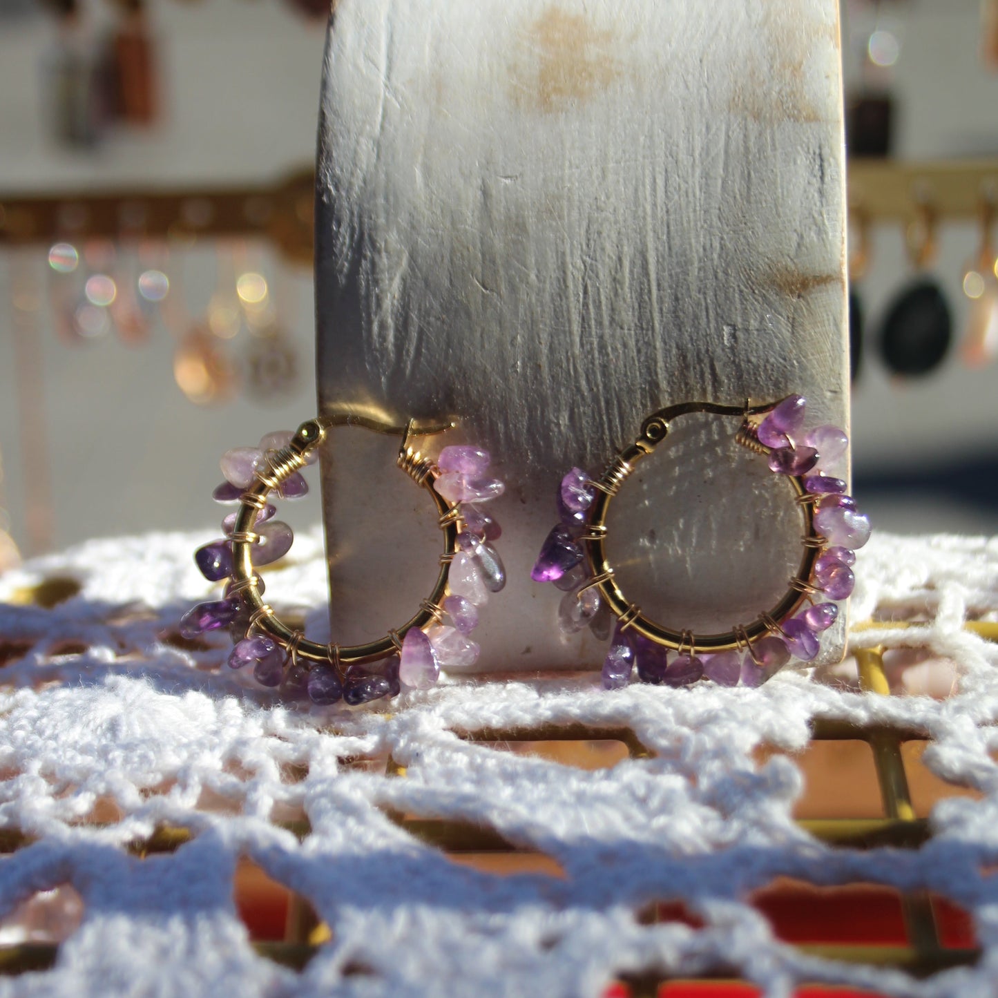 Gemstone Hoop Earrings – Natural Peridot, Amethyst or Rose Quartz