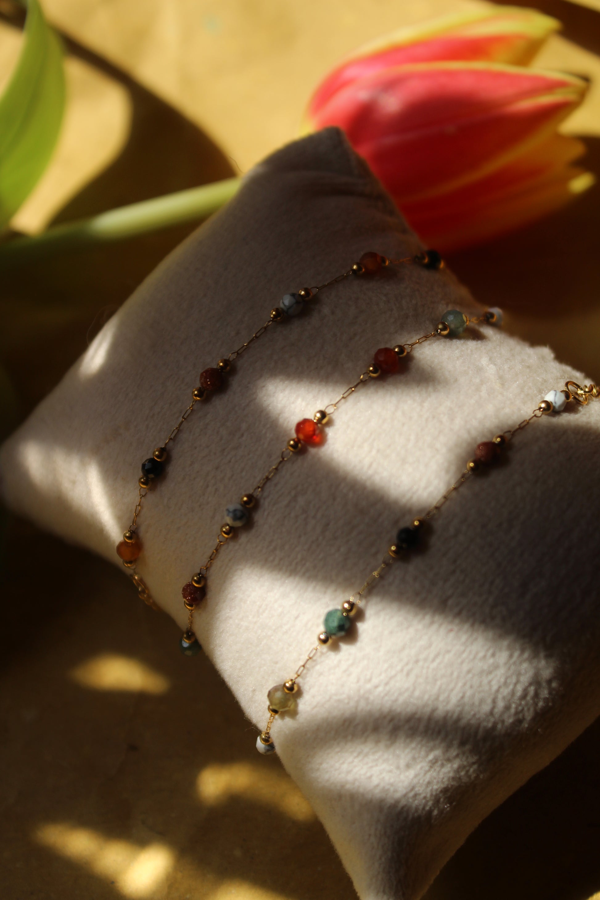 bracelet made with mixed natural faceted gemstone beads and fine 304 stainless steel chain