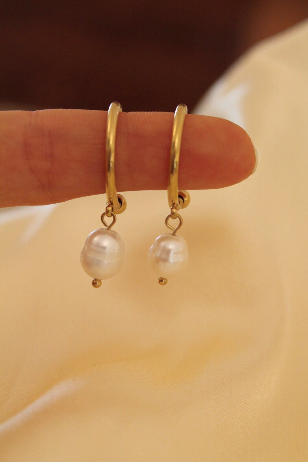 Gold Hoop Pearl Earrings Front View