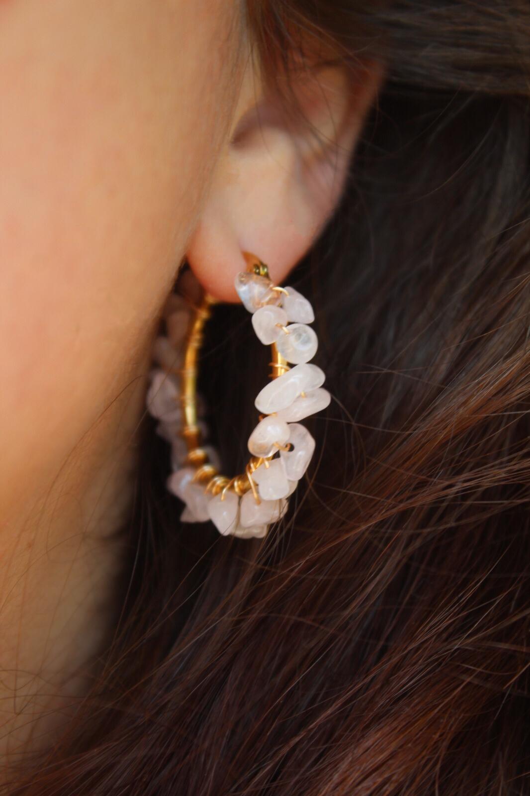 Heart Stone | Rose Quartz Hoop Earrings, Pink Gemstone Hoops