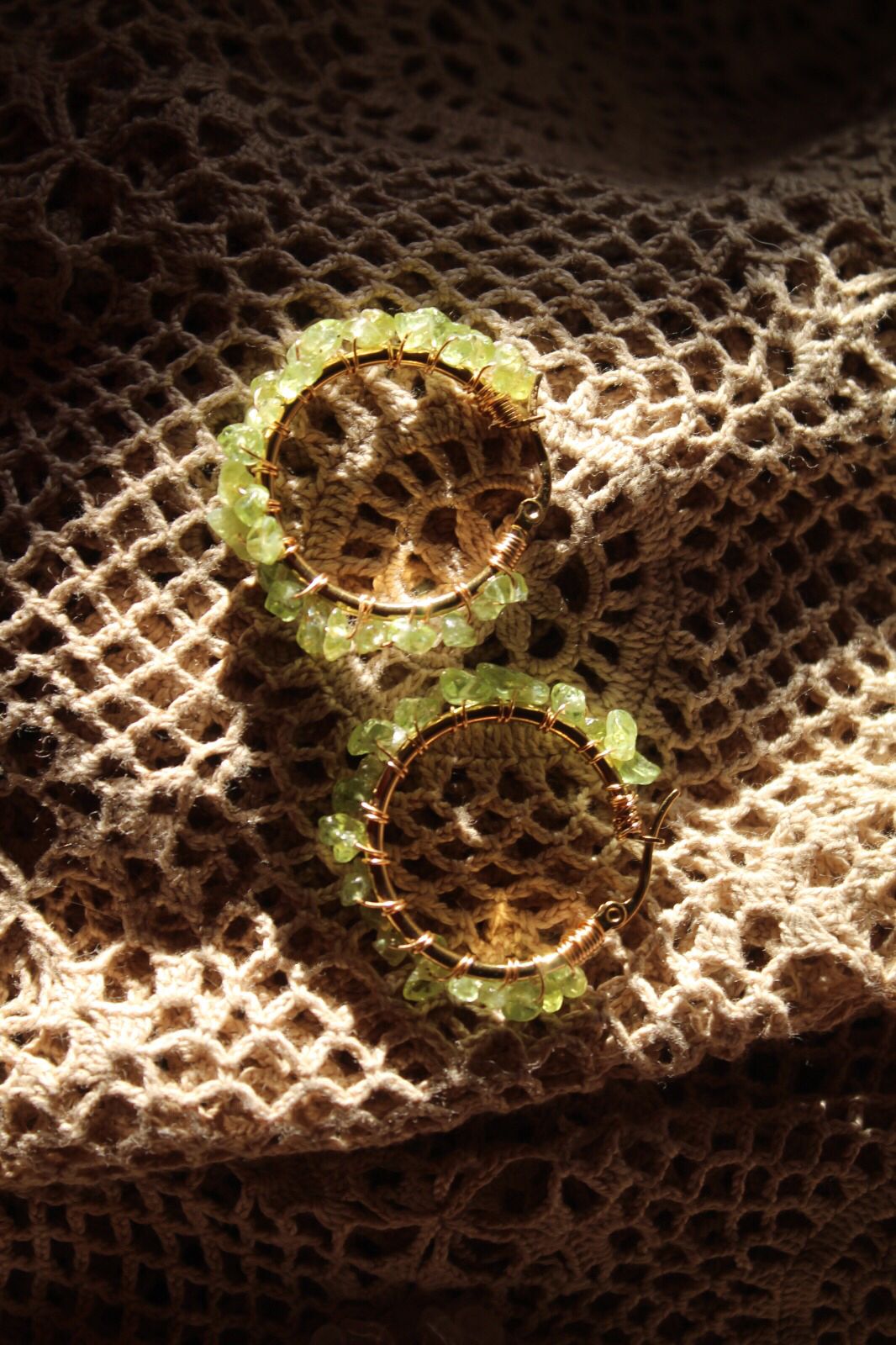 Handmade 18K gold plated hoop earrings with natural peridot gemstones, lightweight and waterproof