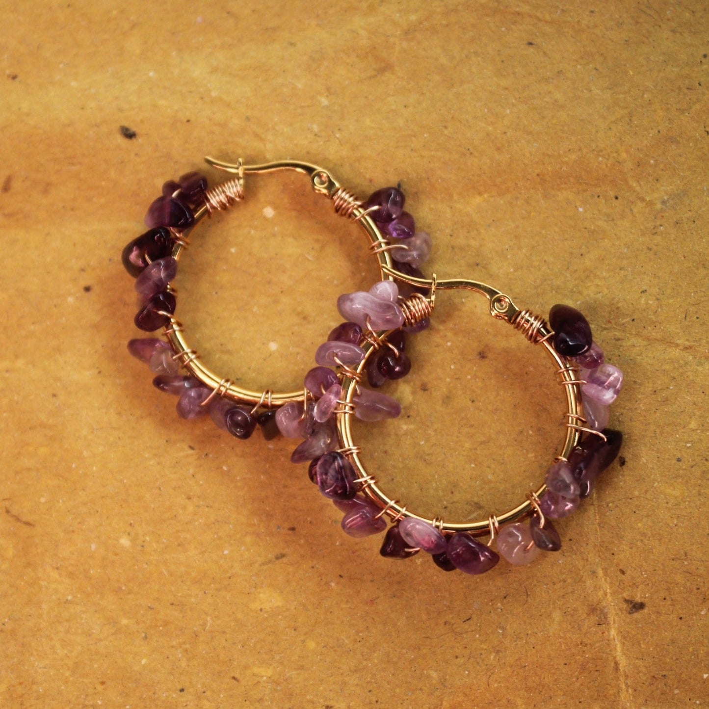 Handmade Amethyst Hoop Earrings, 18K Gold Plated Stainless Steel