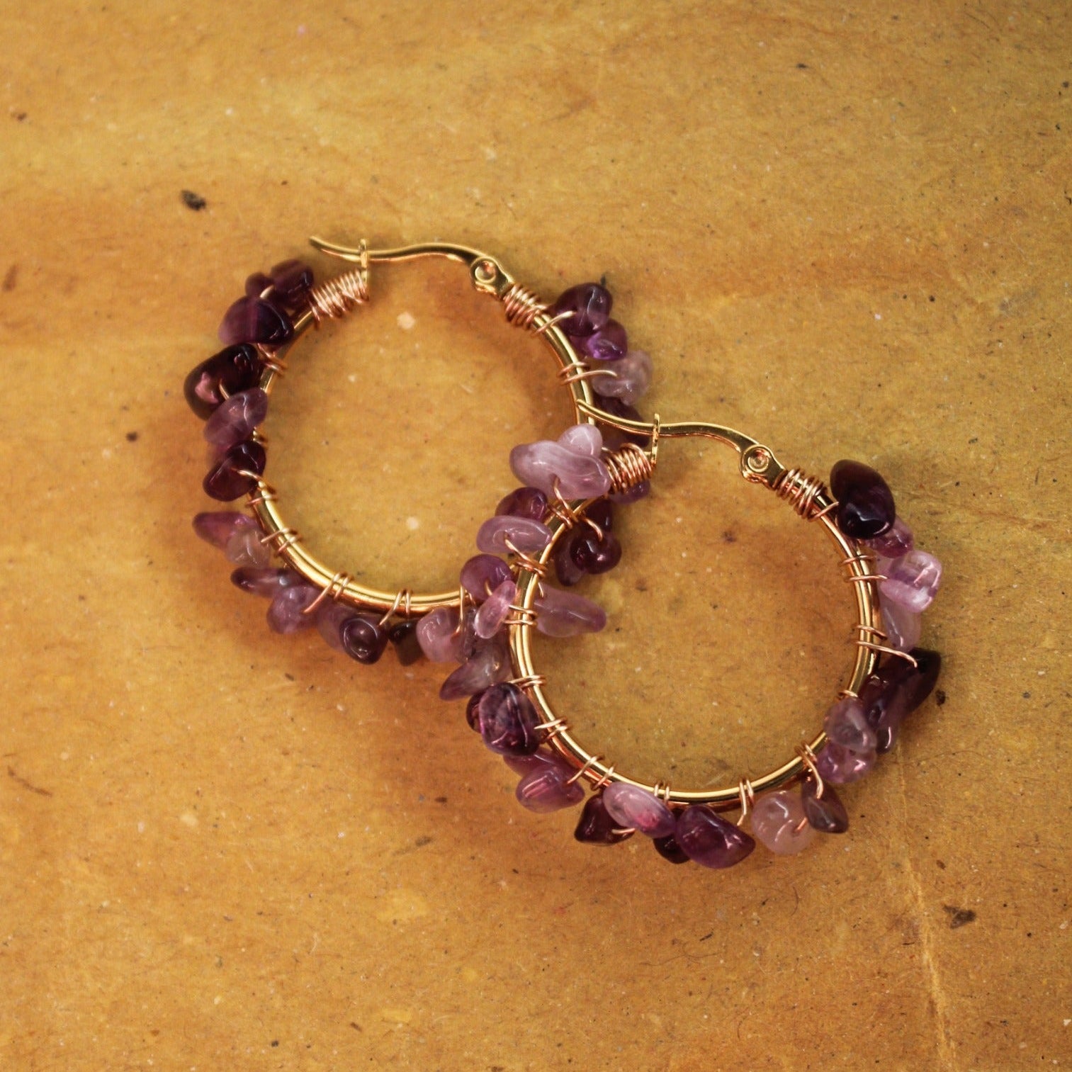 Handmade Amethyst Hoop Earrings, 18K Gold Plated Stainless Steel