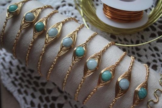 Evil Eye Wire Bangle with Amazonite or Aquamarine