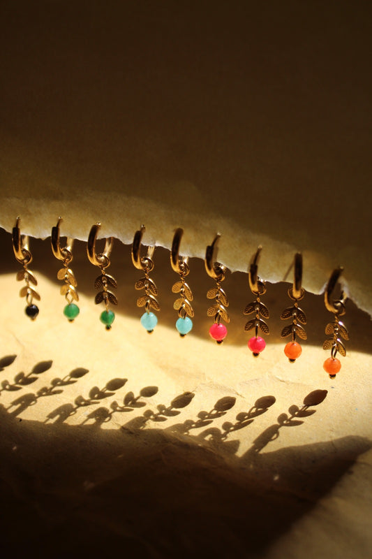Dainty Gold Hoops with Natural Stones and Gold Leafs