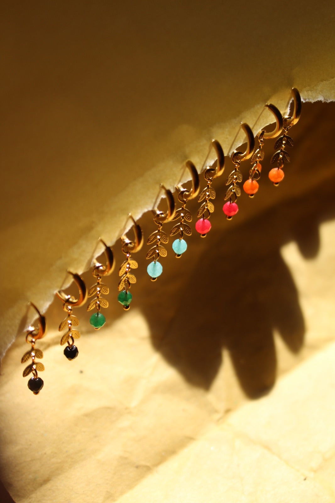 Dainty Gold Hoops with Natural Stones and Gold Leafs