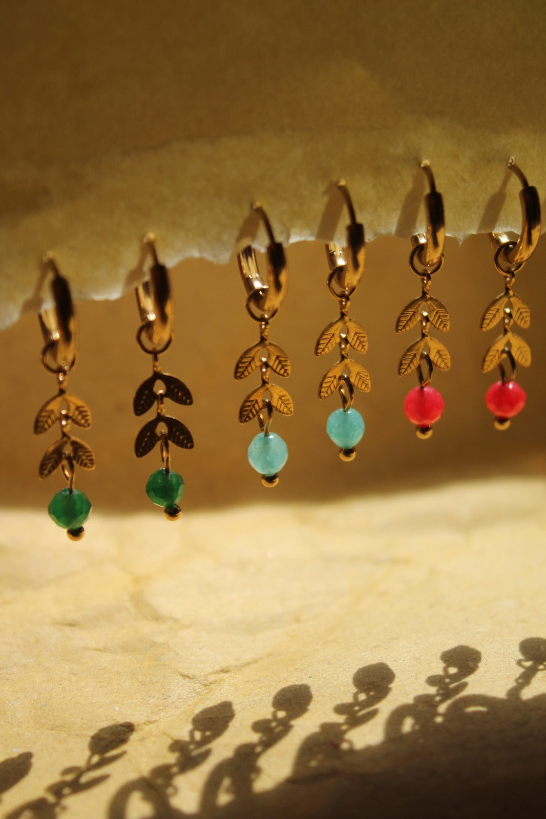 Dainty Gold Hoops with Natural Stones and Gold Leafs