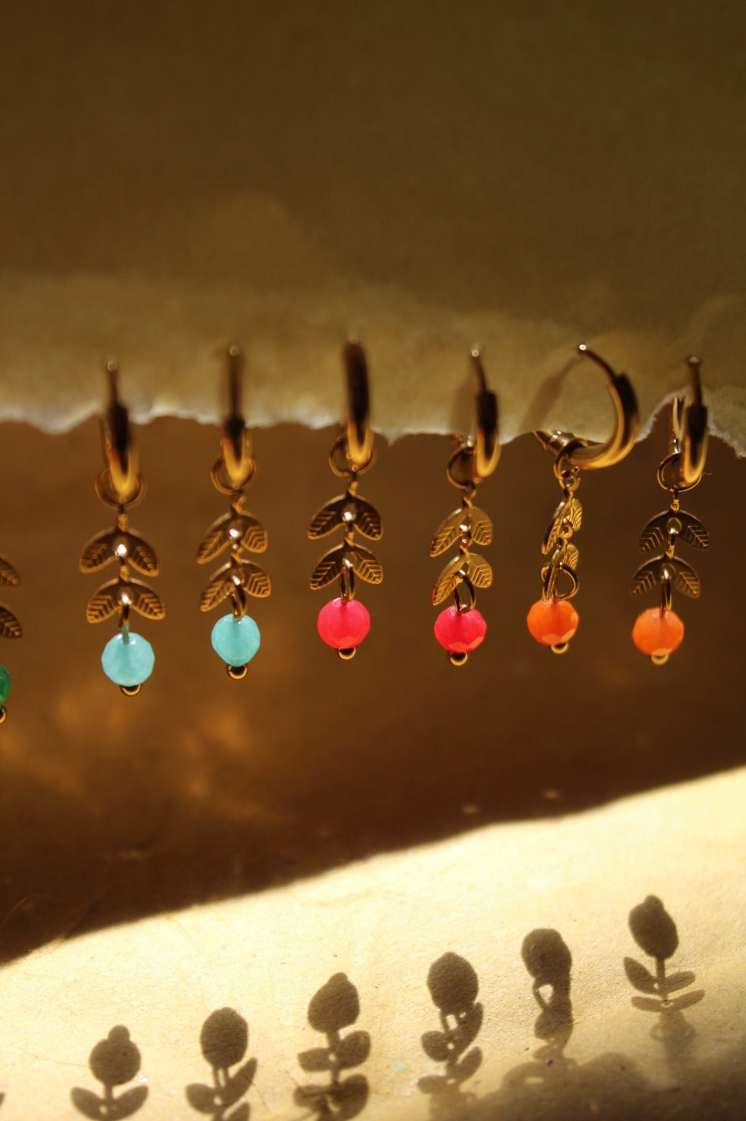 Dainty Gold Hoops with Natural Stones and Gold Leafs