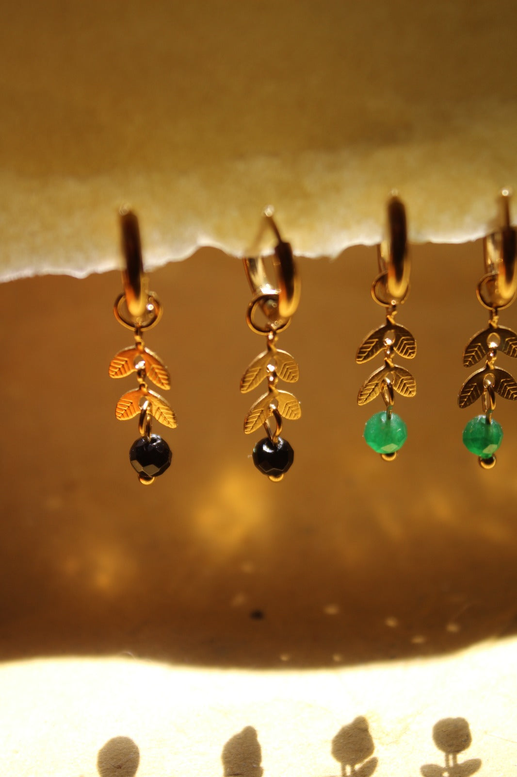 Dainty Gold Hoops with Natural Stones and Gold Leafs