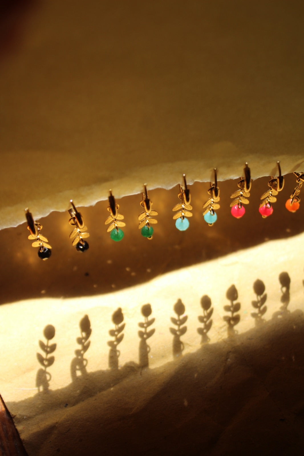 Dainty Gold Hoops with Natural Stones and Gold Leafs