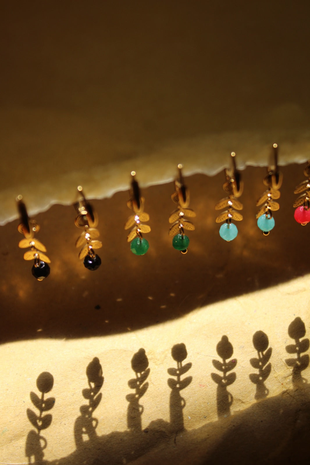 Dainty Gold Hoops with Natural Stones and Gold Leafs