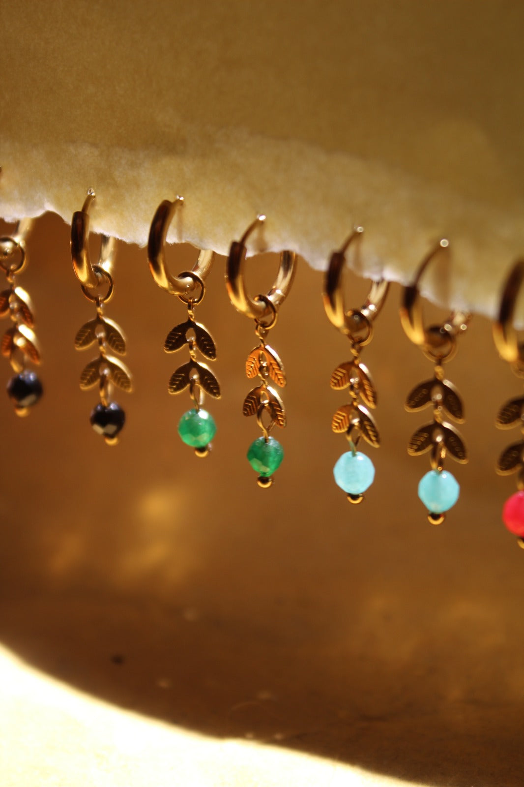 Dainty Gold Hoops with Natural Stones and Gold Leafs