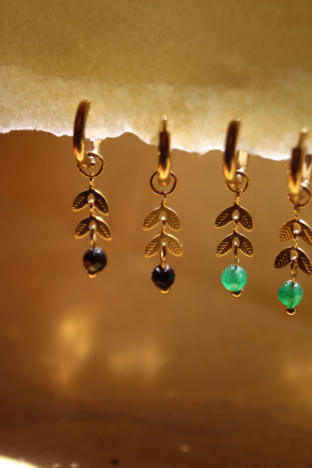 Dainty Gold Hoops with Natural Stones and Gold Leafs