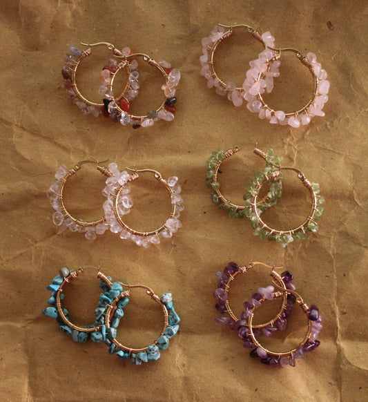 Gemstone Hoop Earrings – Natural Peridot, Amethyst or Rose Quartz