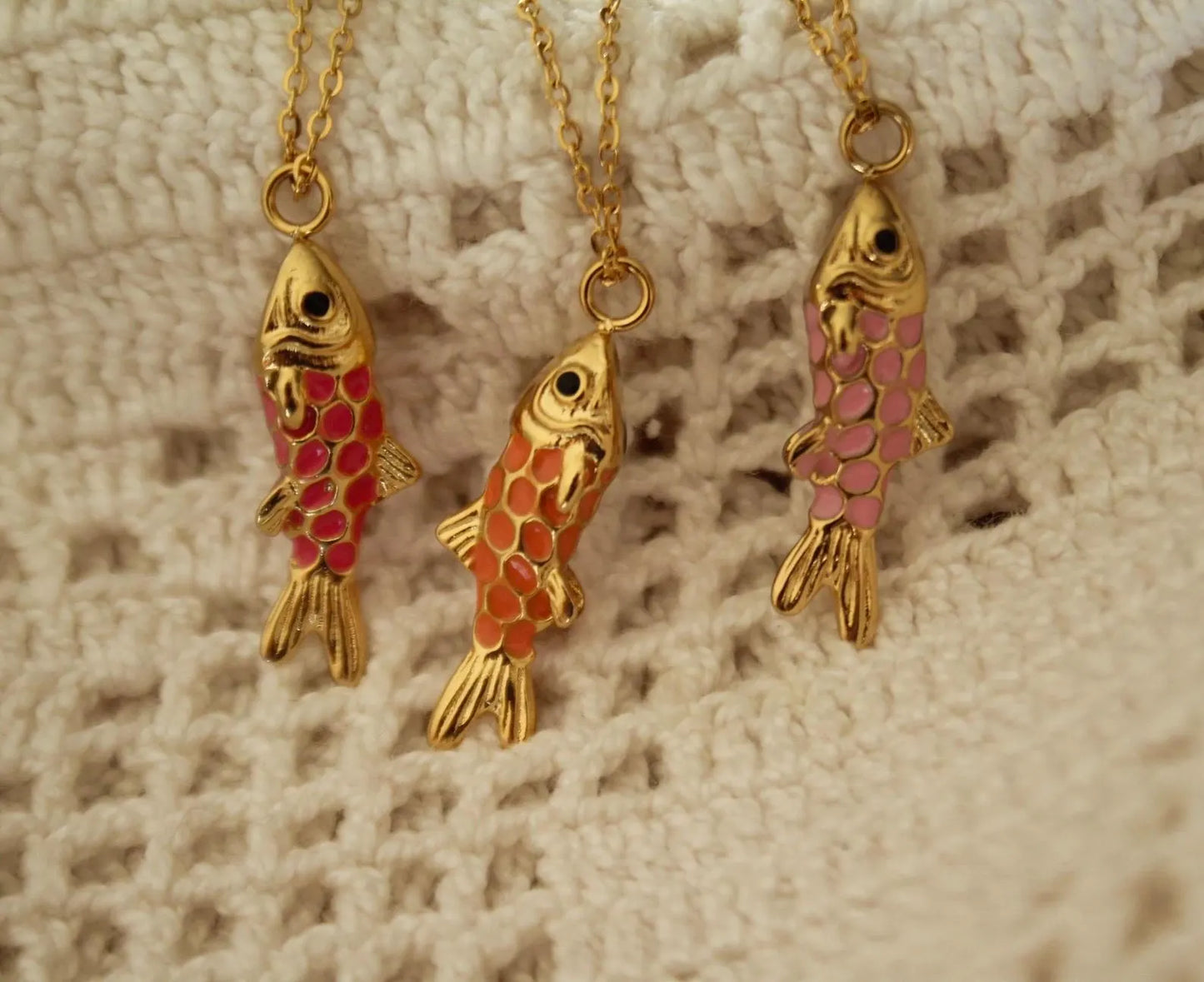 Gold fish pendant necklace on chain, enamel charm, 18K gold plated