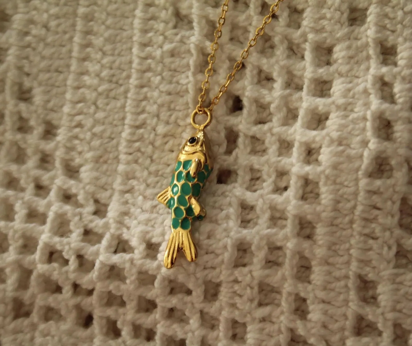 Gold fish pendant necklace with enamel charm, 18K gold plated stainless steel