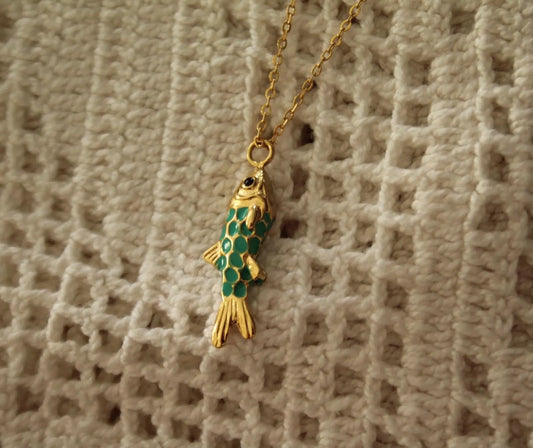 Gold fish pendant necklace with enamel charm, 18K gold plated stainless steel
