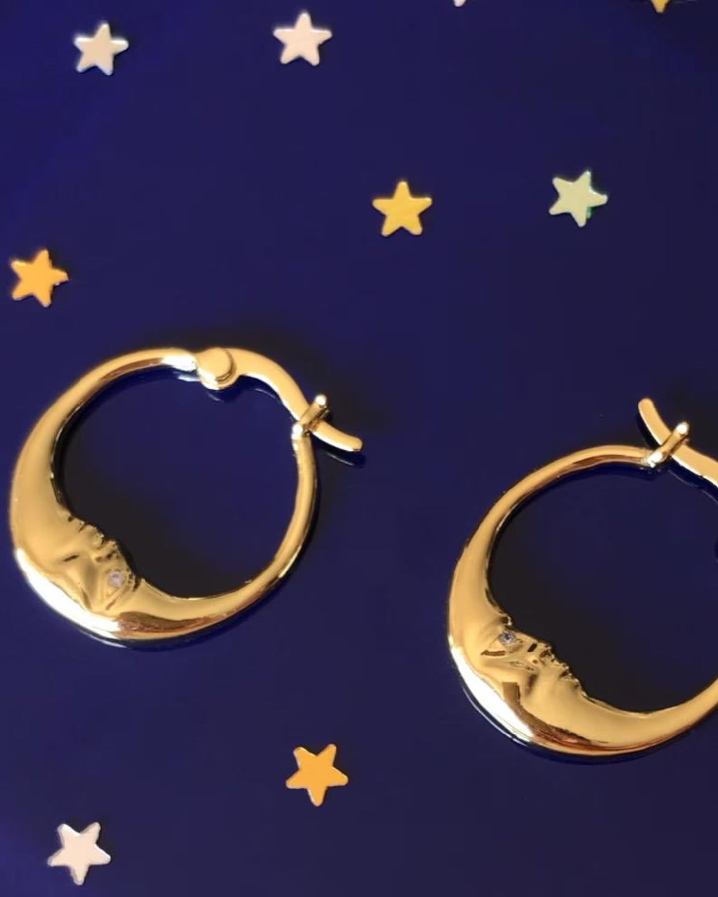 Moon Hoop Earrings | Crescent Charm with Zircon Eye