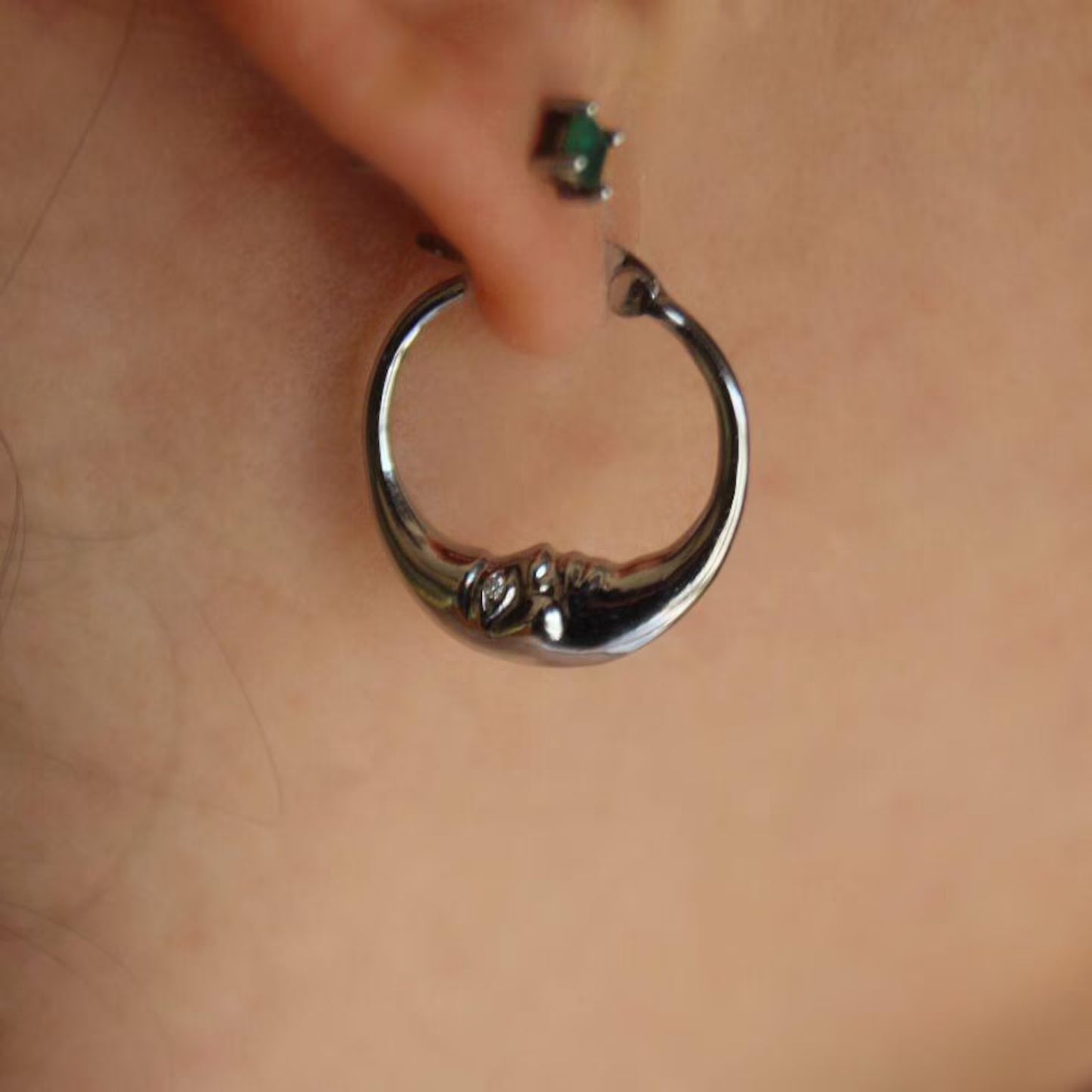 Moon Hoop Earrings | Crescent Charm with Zircon Eye