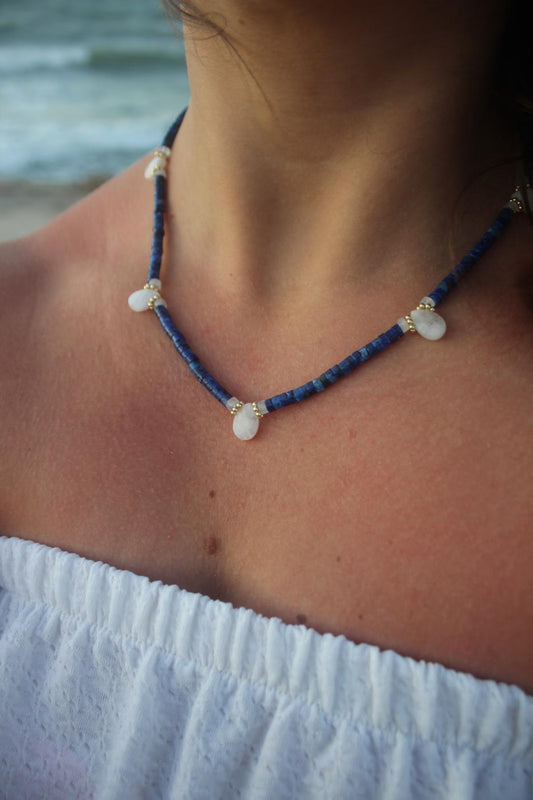 Handmade lapis lazuli and moonstone necklace with gold-plated details, made in Italy
