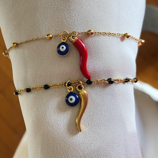 Gold Italian Horn Bracelet, Protection Bracelet with Evil Eye Charm